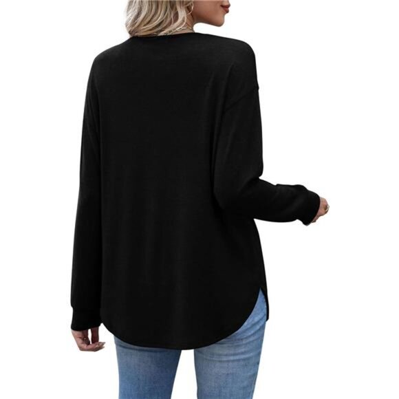 Versatile V-Neck Henley Tunic – Curved Hem Long Sleeve Top with Pocket - Picture 5 of 6